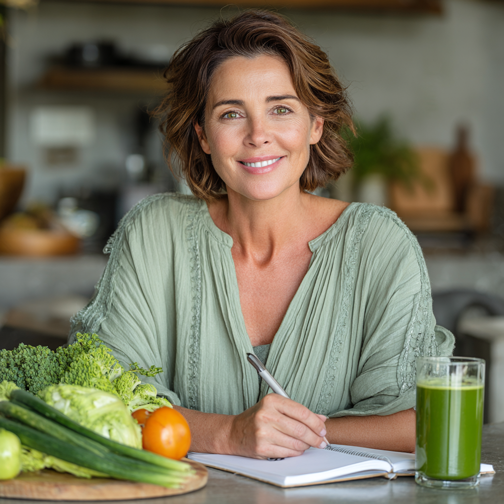 Confident middle-aged woman in her 40s with short brown hair wearing a light green blouse, sitting at a modern kitchen table with fresh vegetables and a nutrition planning notebook, smiling warmly while holding a glass of green smoothie