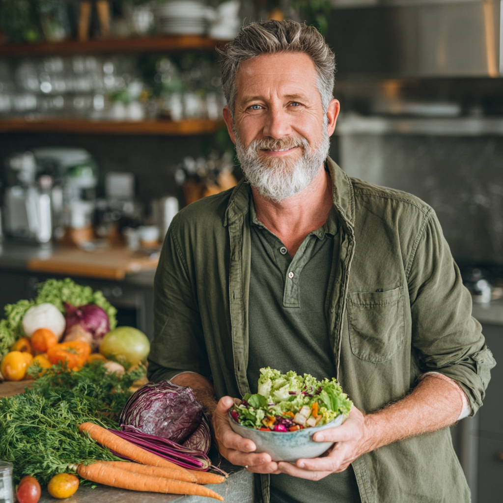 Happy mature man in his 50s with gray beard wearing a casual green polo shirt, standing in a bright modern kitchen with fresh fruits and vegetables on the counter, holding a colorful salad bowl and smiling confidently
